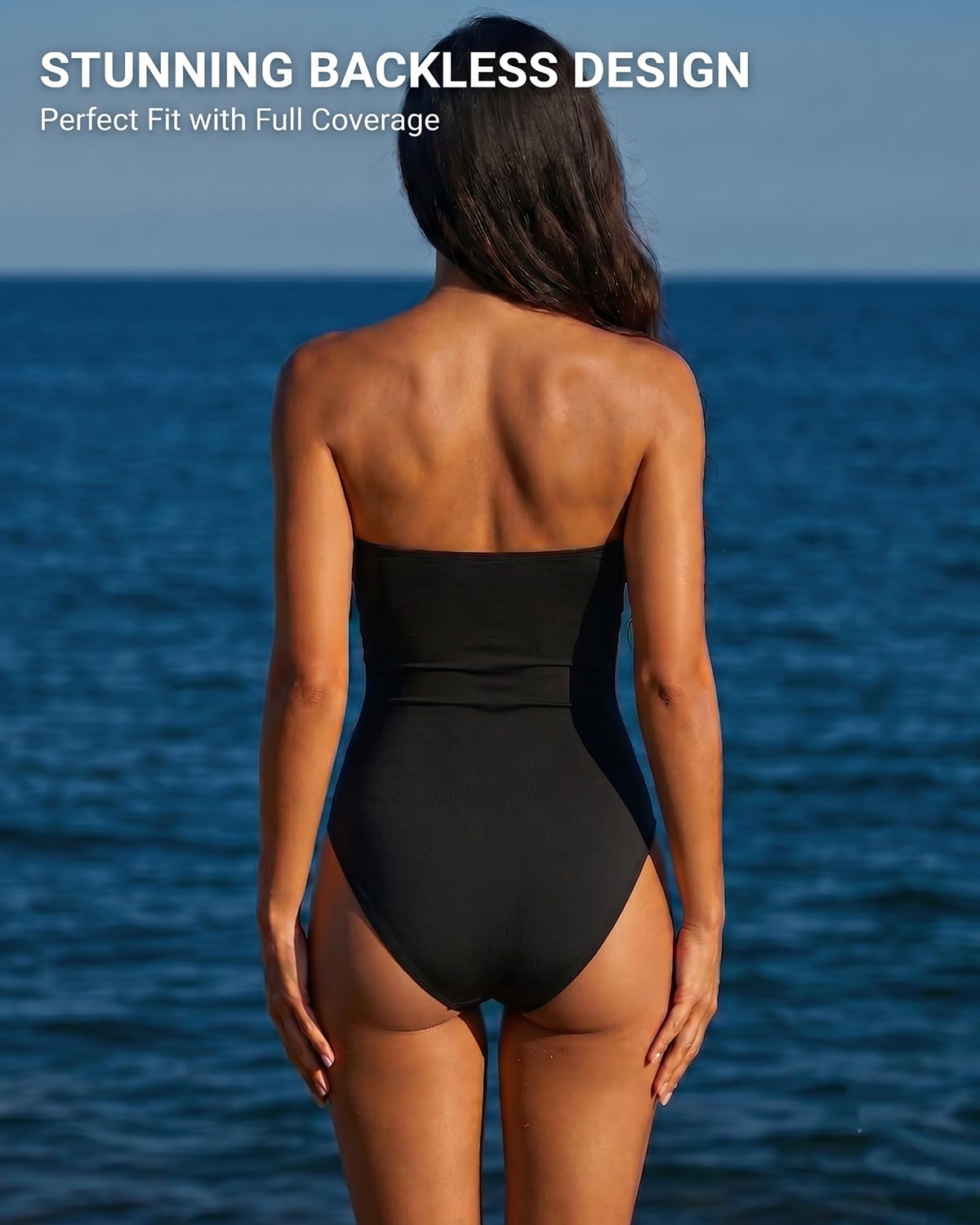 Holipick Women Black Strapless Bandeau One Piece Swimsuits Sexy Mesh Cutout Bathing Suits Tummy Control Swimwear M