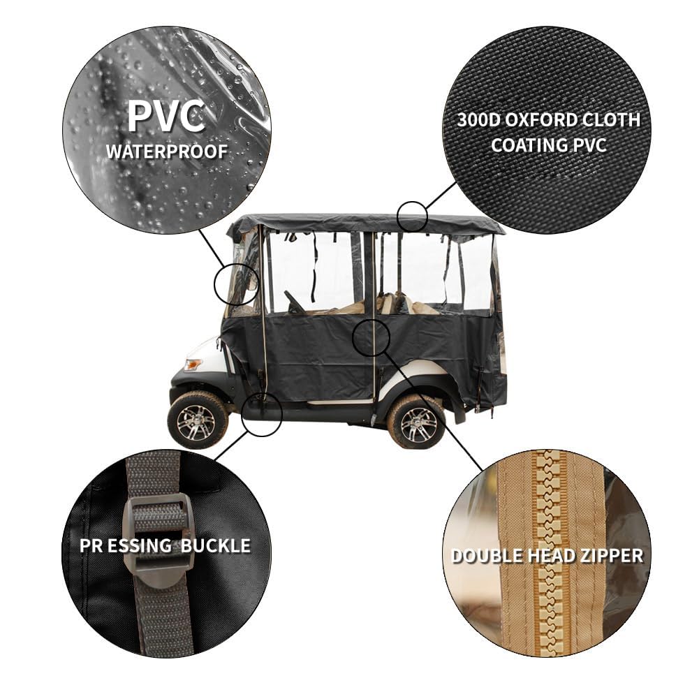 Anrgterg Golf Cart Enclosure 4 Passenger, 4-Sided Golf Cart Driving Enclosure, Waterproof Portable 300D Golf Cart Rain Cover (Black)