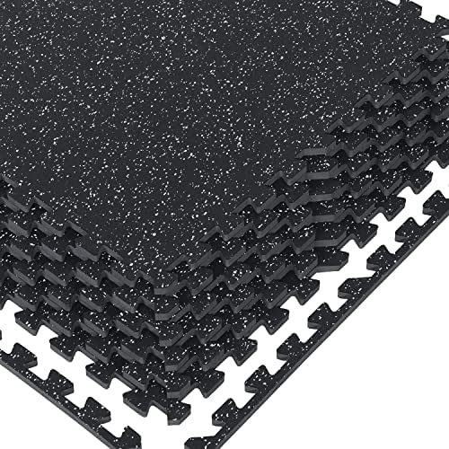 0.56 Inch Thick Gym Flooring for Home Gym with Rubber Top - 24 Sq Ft Interlocking Gym Floor Tiles - Workout Equipment Vibration Reduction Mats - 6 Pcs 24 x 24in Tile, Black & White