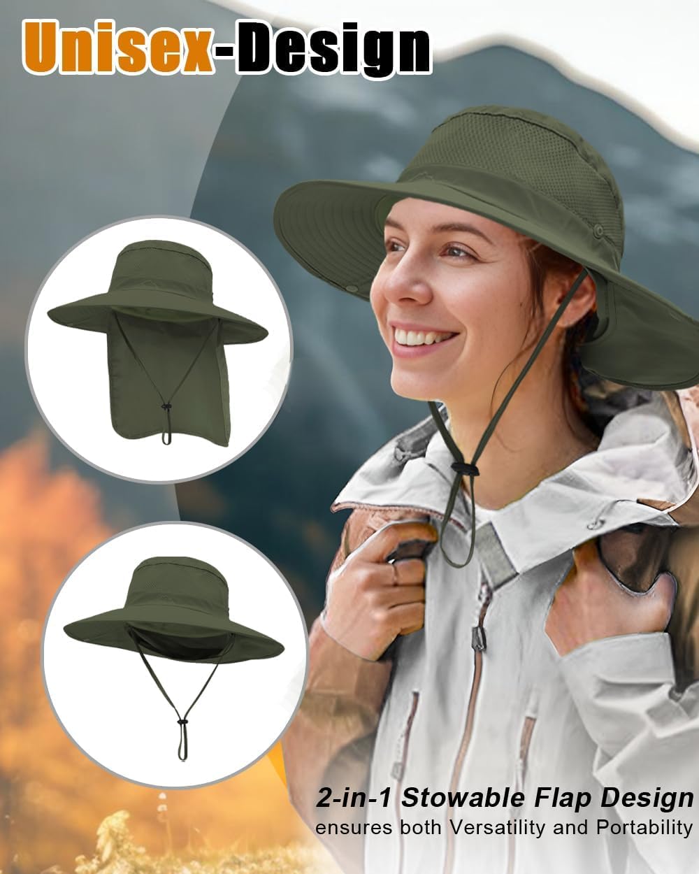 Outdoor Sun Hats with Stowable Neck Flap for Men Women UPF 50+ Mesh Summer Bucket Hat Wide Brim for Fishing Safari Hiking Army Green