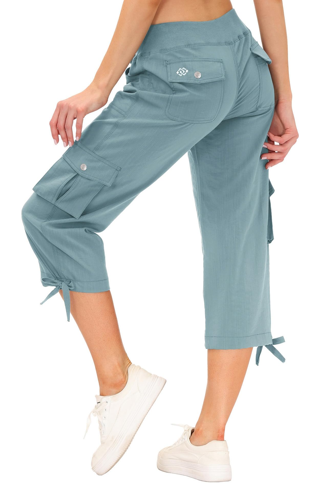 MoFiz Womens Capris with Pockets Loose Fit Casual Capri Pants Dressy Lightweight Ladies Baggy Cargo Pants for Hiking Grey Blue 4XL