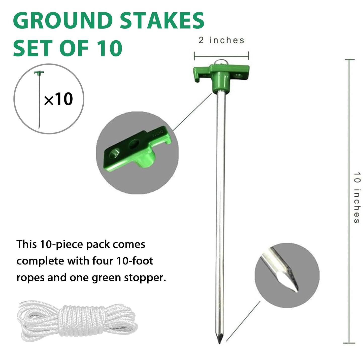 Eurmax USA 10-Pack Secure Protection Galvanized Tent Stakes,Rust-Proof Steel Canopy Anchors for High Winds,Heavy Duty Commercial Ground Pegs for Camping,Pop Up Tents&Gazebos - Includes 4x10ft Ropes