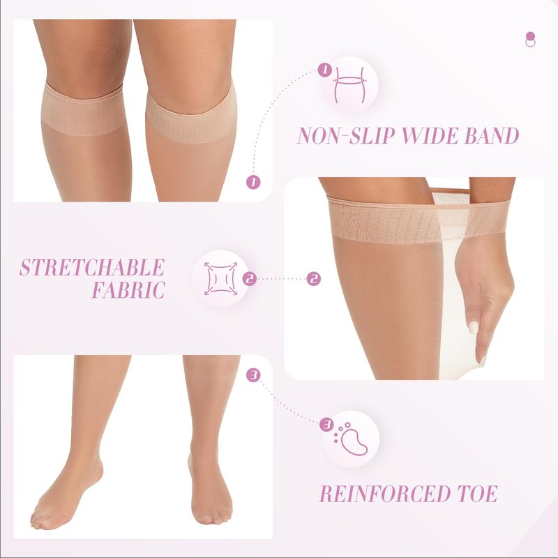 MANZI 6 Pairs Plus Size Knee Highs for Women 15 Denier Sheer Nylon Socks Knee High Stockings Black/Natural X-Lagre-XX-Large