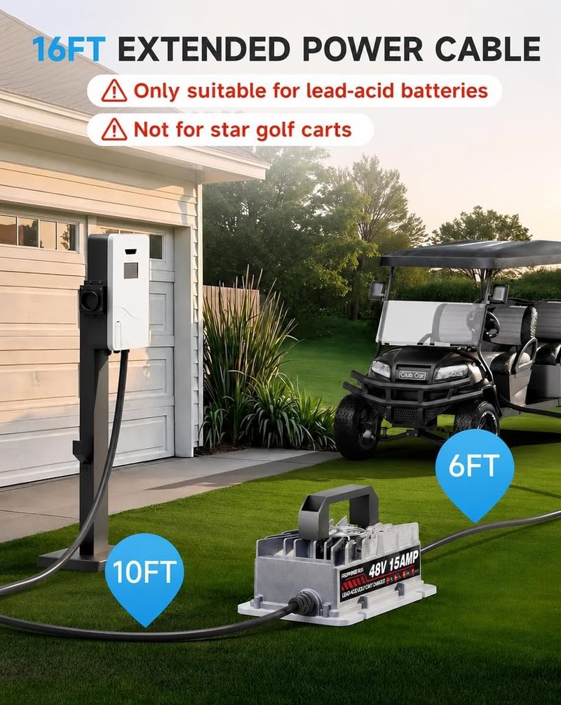 Club Car Charger, 48V 15A Golf Cart Charger, Golf Cart Battery Charger with 3-Pin Round Plug, 4-6H Fast Full Charge Trickle Charge, Lead Acid Battery Charger - IP67 Waterproof with Fan Design