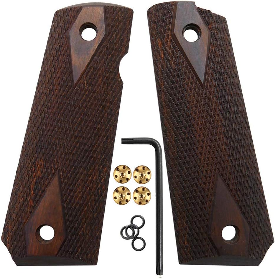 1911 Wood Grips - Checker Diamond Cut or Honey Comb Texture | Full Size with Gold Screws & Ambi Safety Cut
