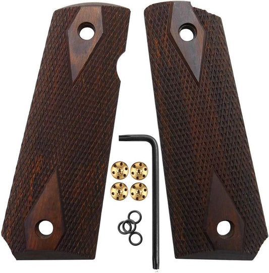 1911 Wood Grips - Checker Diamond Cut or Honey Comb Texture | Full Size with Gold Screws & Ambi Safety Cut