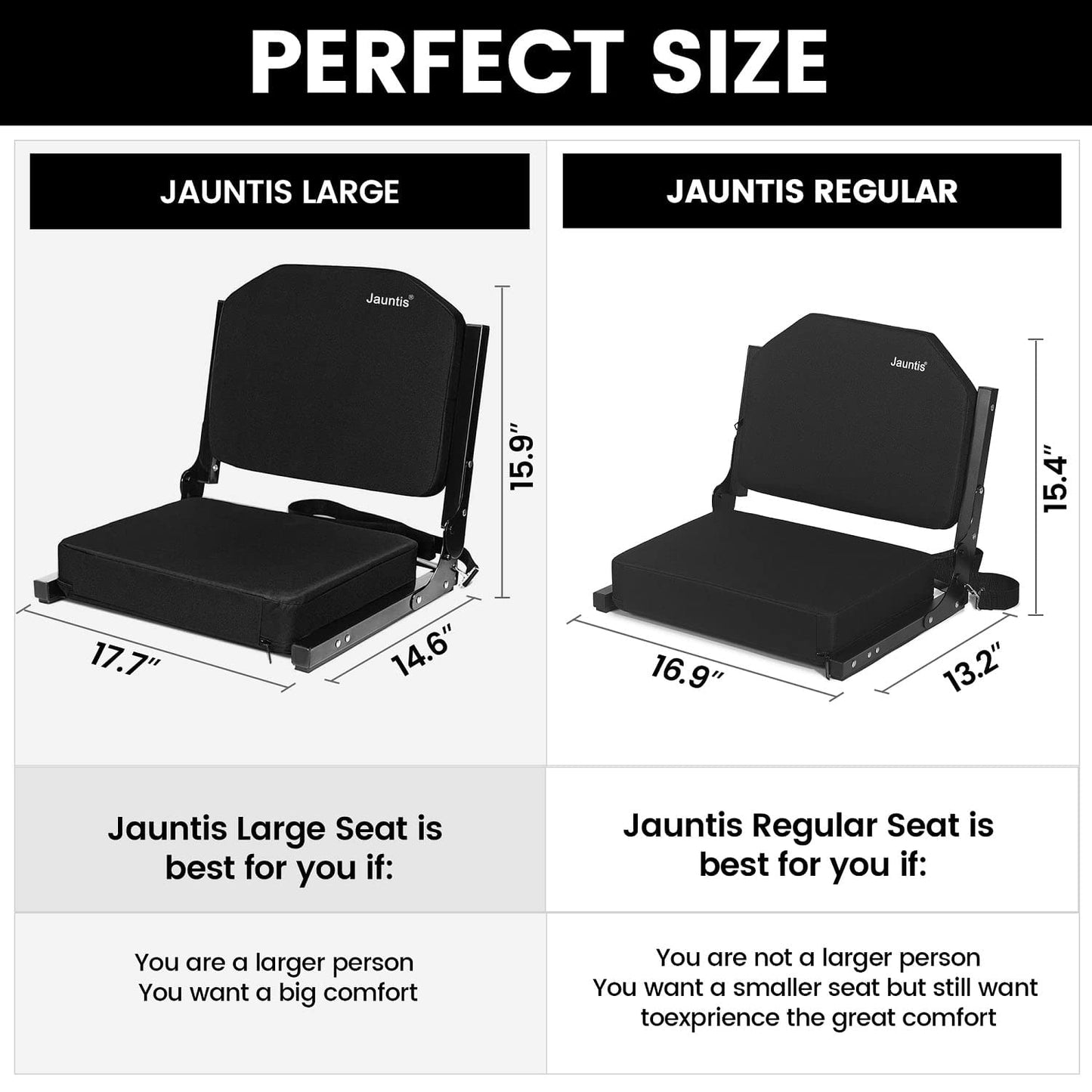 Jauntis Stadium Seats for Bleachers with Ultra Padded Comfy Foam Cushion, Wide Portable Stadium Chairs with Back Support and Shoulder Strap, 1 Pack, Black