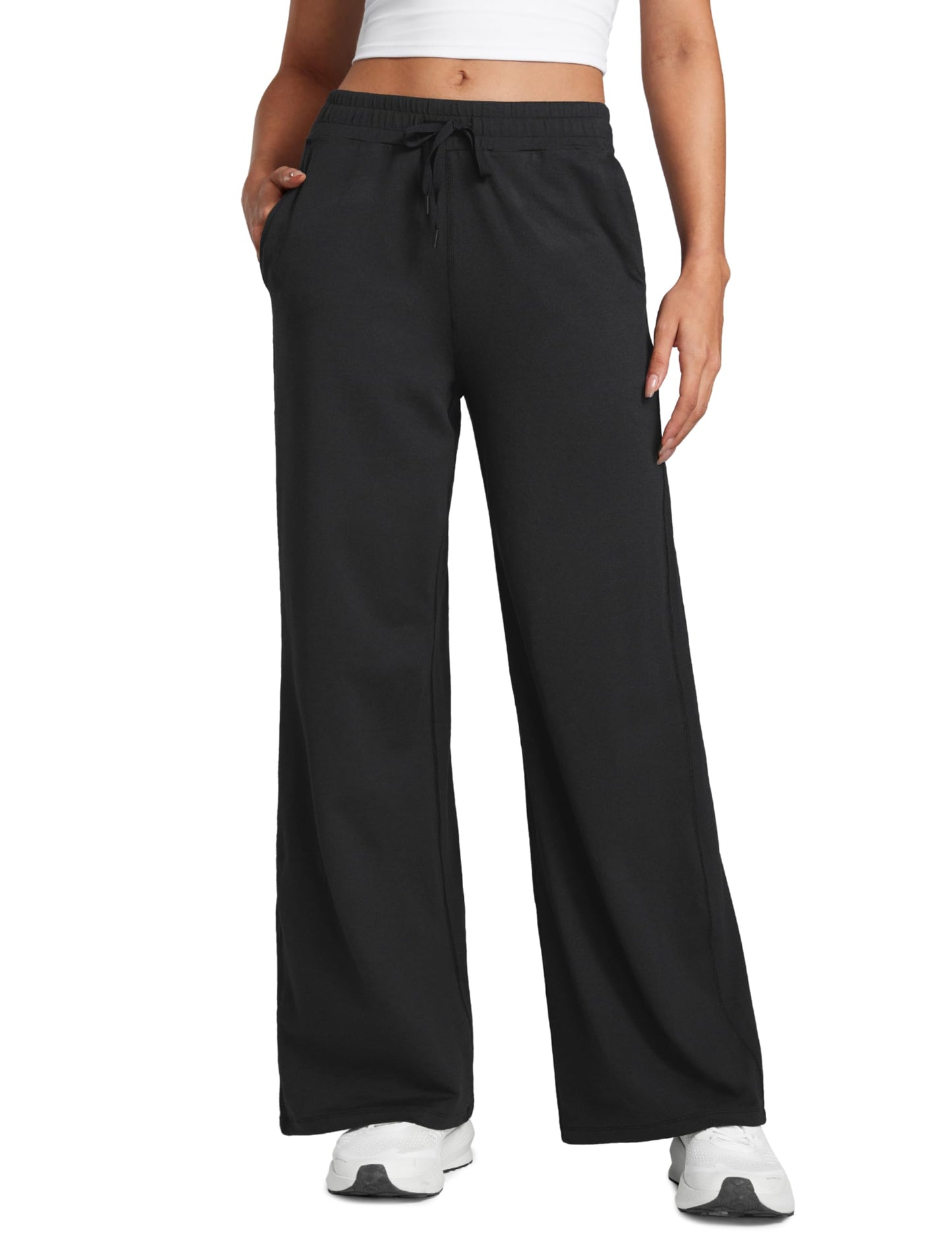 CRZ YOGA Cloud Jersey Wide Leg Sweatpants Women 30" High Waisted Casual Lounge Pajama Travel Pants with Pockets Black Medium