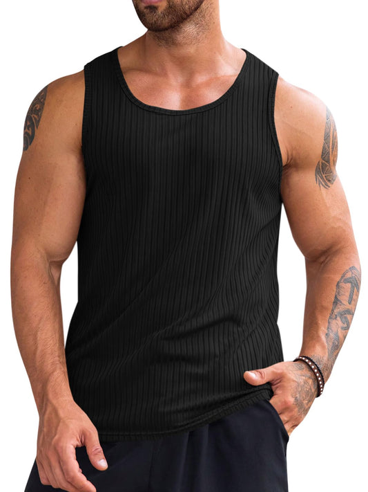 Runcati Men's Workout Tank Tops Sleeveless Ribbed Knit T Shirt Muscle Gym Fitness Tee Black