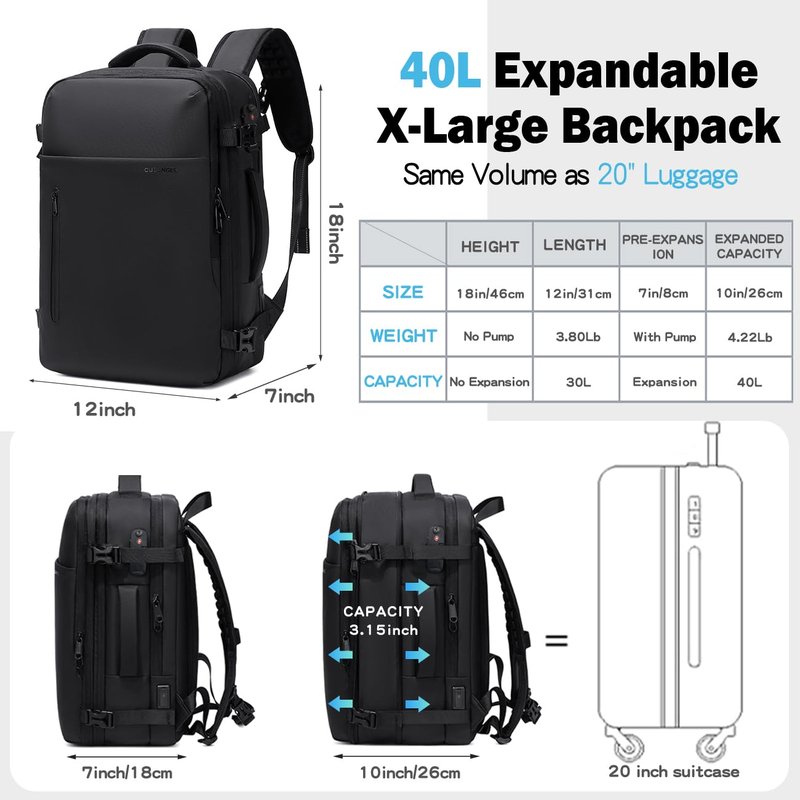 Cusangel Vacuum Backpack for Travel with Portable Electric Pump,Vacpack Pocket Compression Air Pump, 45L Expandable Airback (with Vacuum pump)