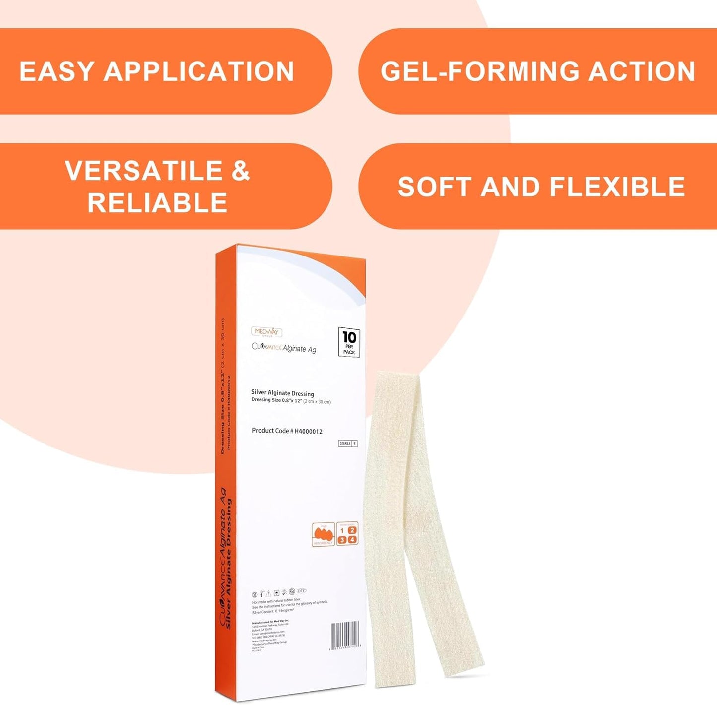 MedVance Silver Calcium Alginate Ag Sterile Highly Absorbent Dressing, (0.8" x 12") Pack of 10