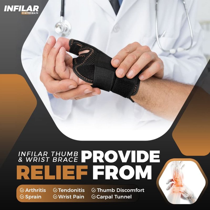 INFILAR Copper Infused Thumb Brace for Men and Women - Comfortable CMC Thumb Brace Spica Splint for Pain Relief, Tendonitis, Thumb Wrist Stabilization Support for Right & Left Hand - Universal Size