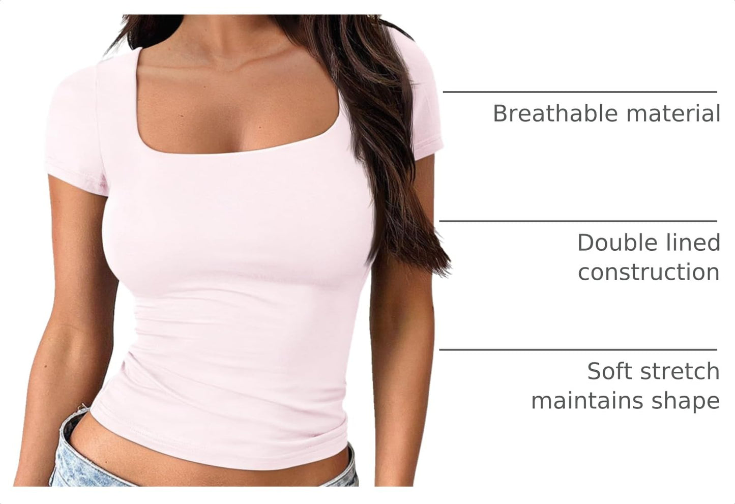 Trendy Queen Womens Double Lined Short Sleeve Square Neck Crop Tops Pink