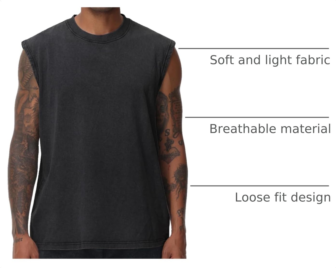 SnowElve 3 Pack Mens Workout Tank Tops Sleeveless Tee Shirts Men Muscle Shirt Gym Acid Wash T Shirts Running Beach Loose Fit Tee(ACCFBK,XL)