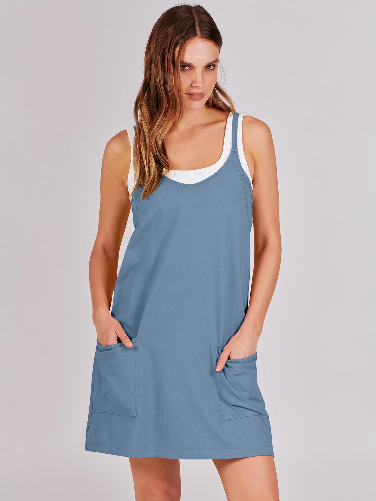 ANRABESS Women Athletic Dress Summer Tennis Workout Active Sports Mini Romper Dress Built in Shorts Travel Vacation Clothes Blue Small