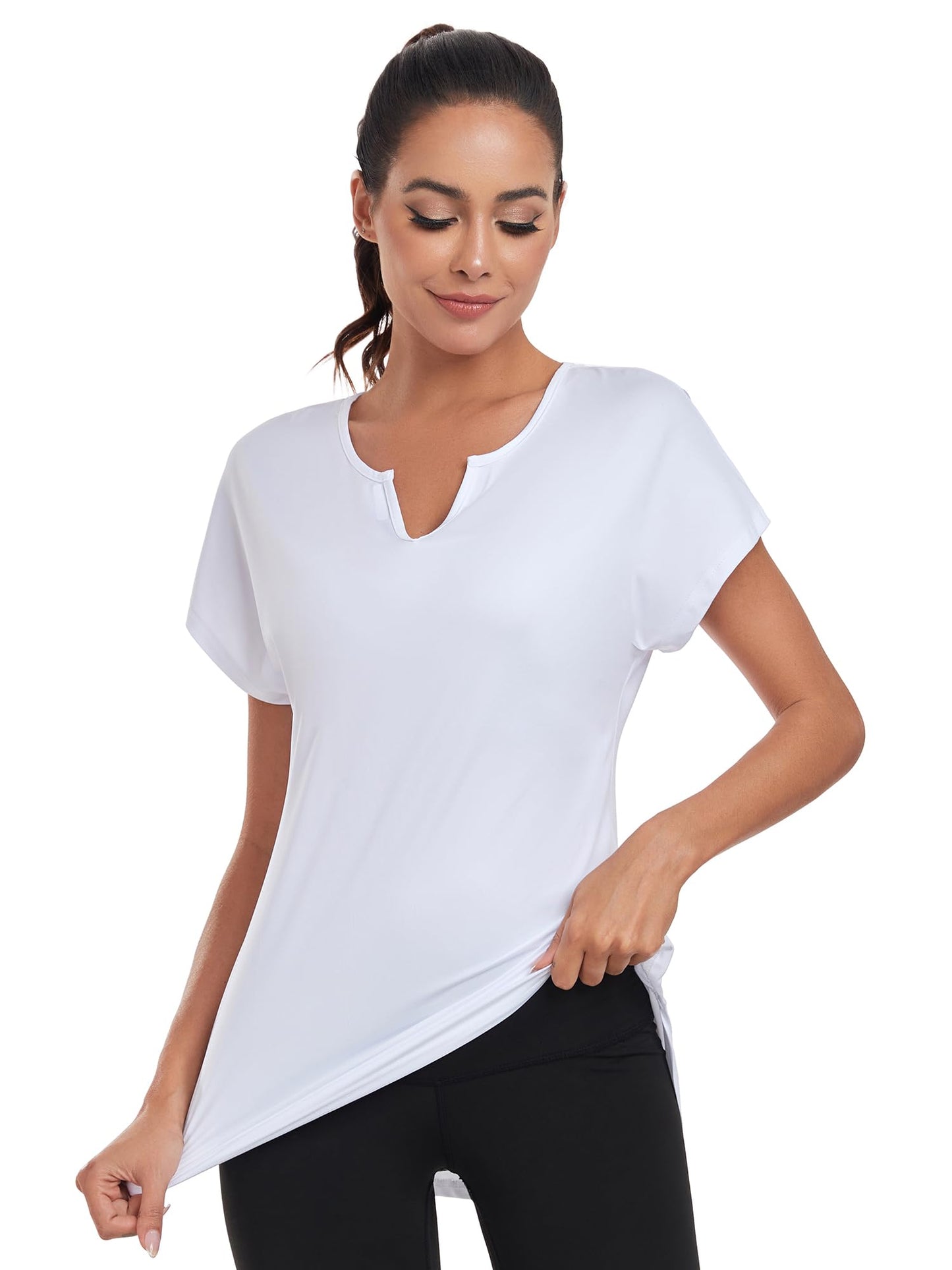 Absttith Tunic Workout Tops Women's Short Sleeve Sportt Shirts V Neck Exercise Yoga Tee Curved Hem White X-Large