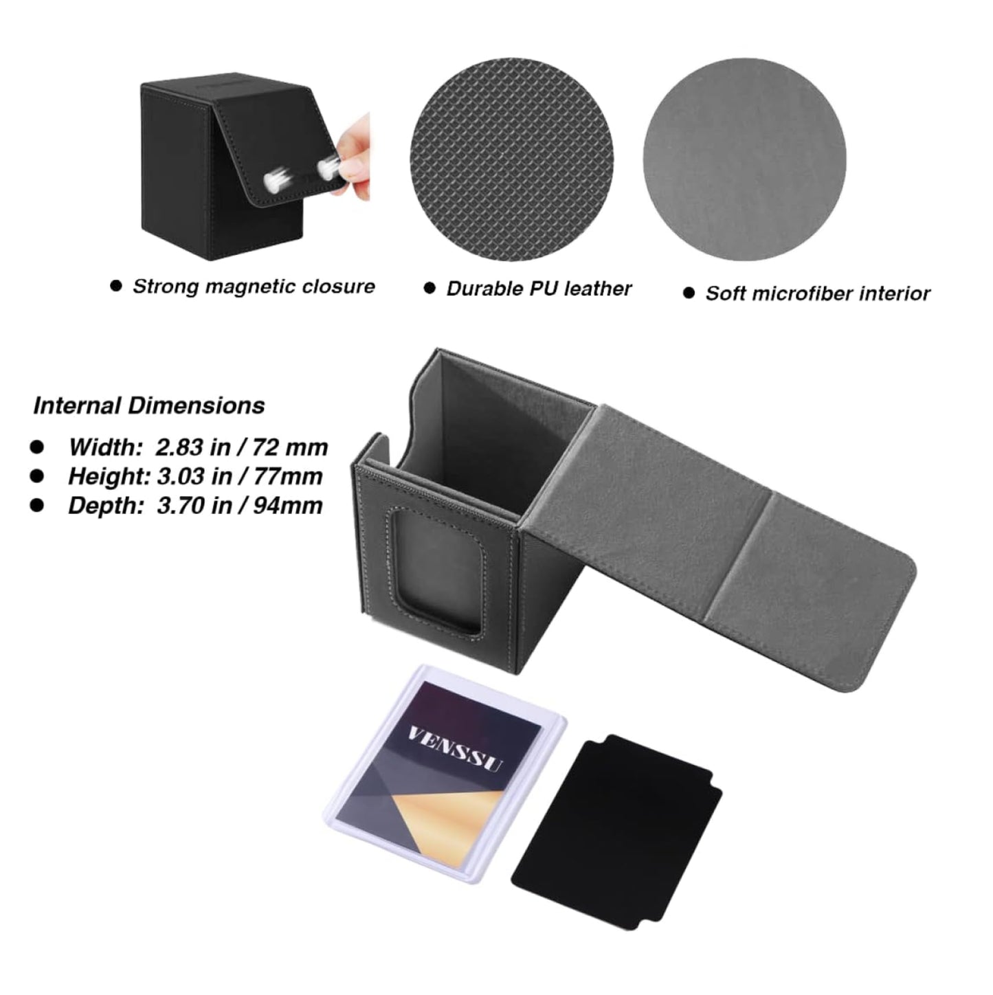 Venssu MTG Deck Box With Slot For Commander Display, Patented Design, Fits 100+ Double /120+ Single Sleeved Cards, With 2 Dividers And 1 Toploader,Compatible with board game TCG CCG (Black＆Grey)