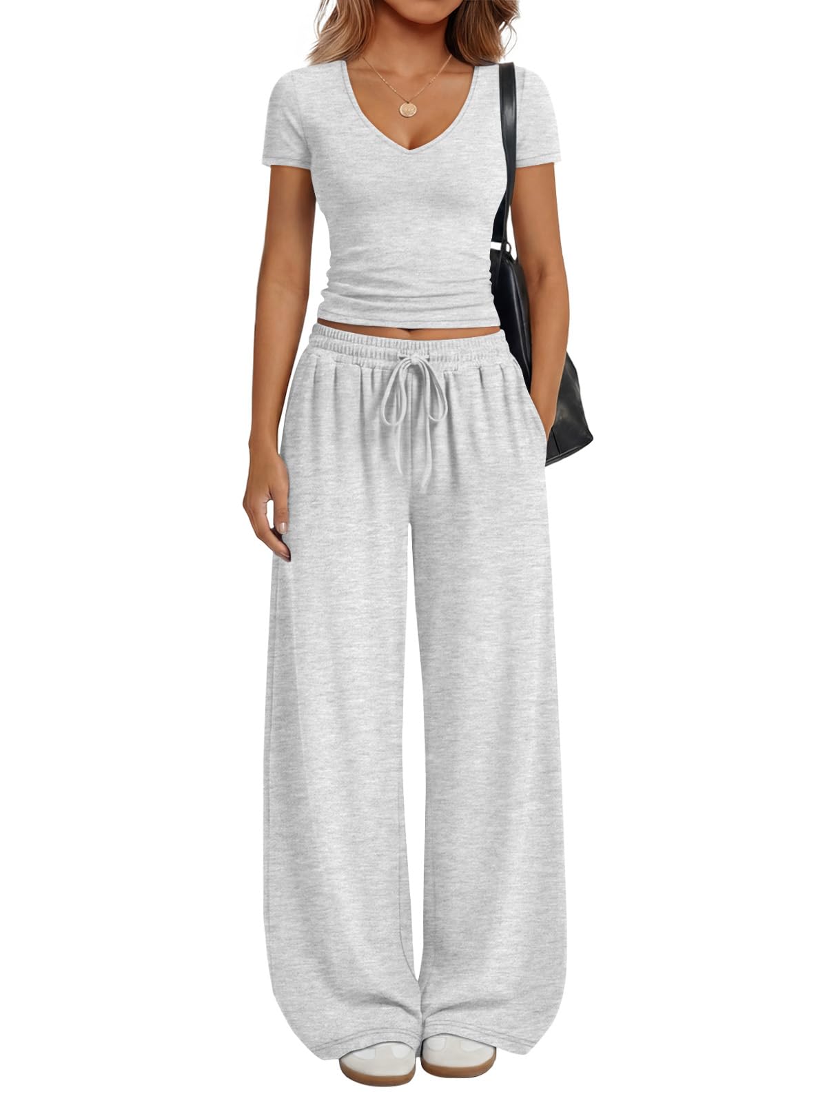 Trendy Queen 2 Piece Lounge Sets for Women Summer 2026 Two Piece Matching Loungewear Sweat Sets Spring Fashion Travel Airport Outfits Sweatsuits Casual Cute Clothes Track Suits Oatmeal Grey M