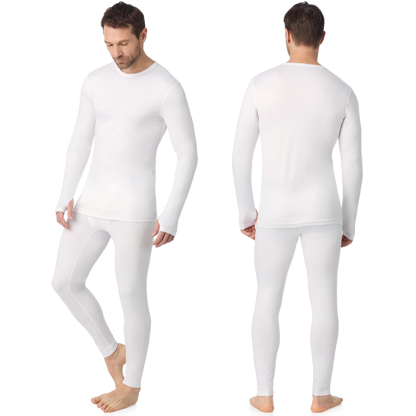 Cuddl Duds Mens Lightweight & Breathable Everyday Active Base Layer 2 Piece Thermal Underwear Set - Cozy Jersey Long Sleeve Shirt & Leggings - Matching Lounge Sets Long Johns for Men, White, L