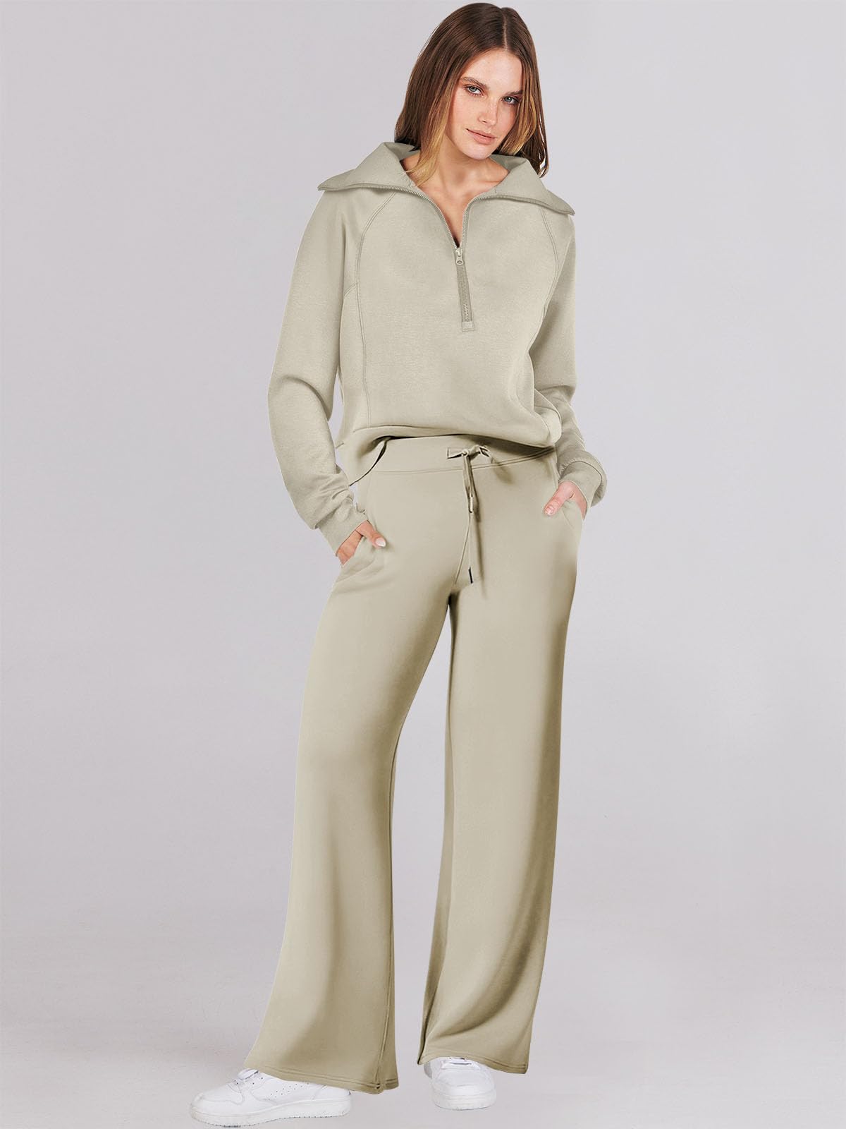 Caracilia Womens 2 Piece Outfits Sweatsuit Set Half Zip Oversized Sweatshirt Wide Leg Sweatpant Fall Lounge Sets Tracksuit Khaki Large