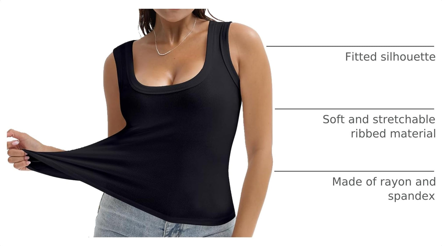 SVALIY Summer Womens Tank Tops 2025 Square Neck Fitted Sleeveless Shirts for Women Ribbed Basic Top Black