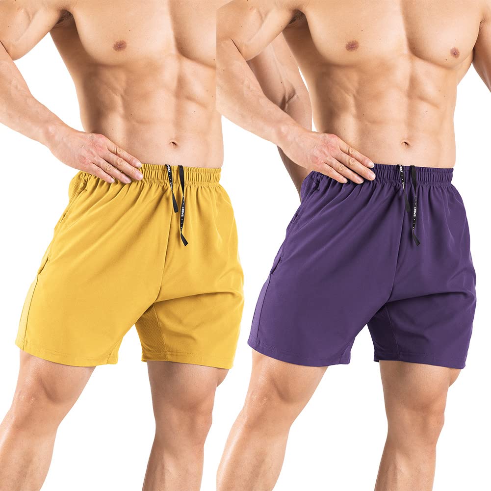 Gaglg Men's 5" Athletic Shorts 2 Pack Quick Dry Athletic Workout Gym Shorts with Zipper Pockets Yellow/Purple,Small