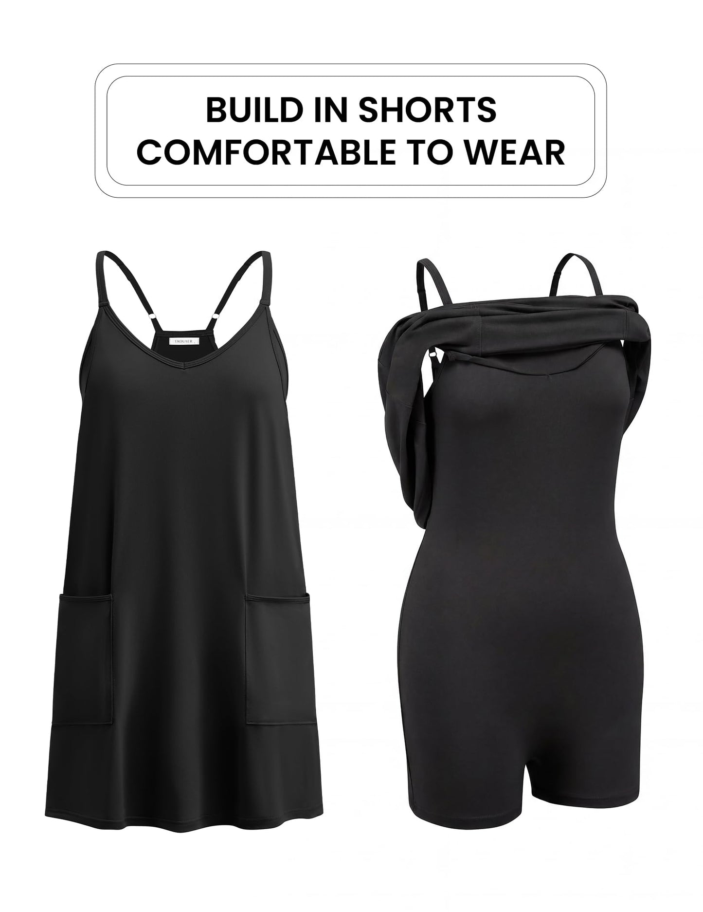 Ekouaer Womens Athletic Romper Dress Summer Tennis Active Sports Mini Dresses Built in Shorts Travel Vacation Outfits A Black M