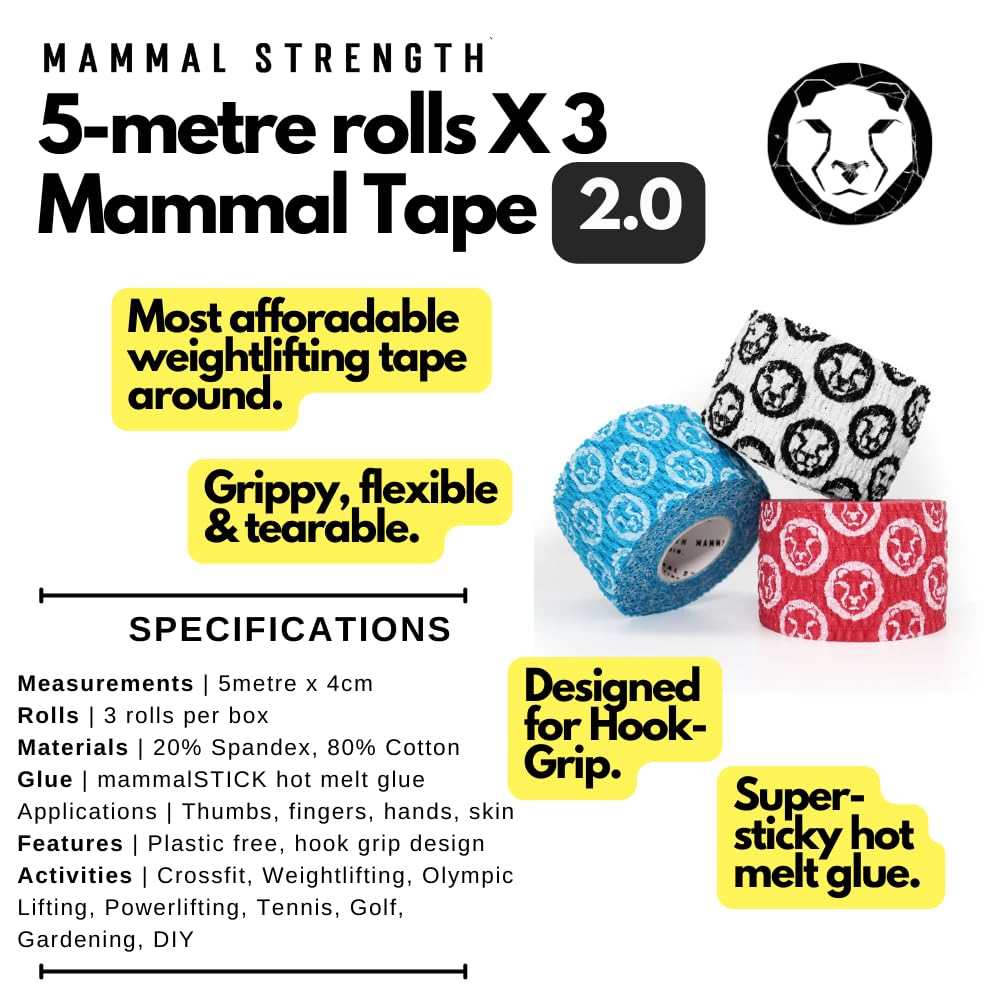 Mammal Strength Thumb Tape (3 Pack), Super Sticky & Stretchy lifting tape for Powerlifting, Olympic Lifting, Cross Training, Flexible & Easily Tearable grips weightlifting