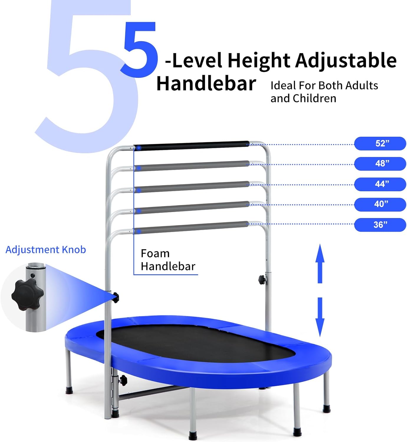 Rebounder Trampoline for Adults - 60” Foldable Mini Indoor Fitness Trampoline with Adjustable Handle & Non-Slip Pads | Max Load 330lbs