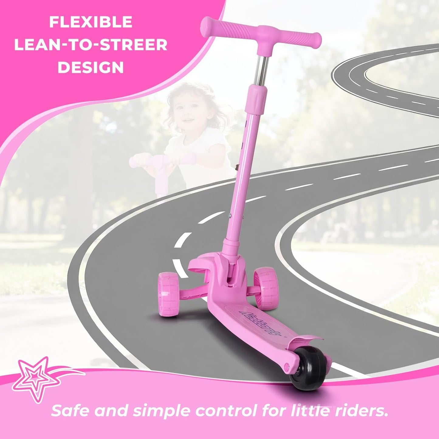 Nattork Kids Scooter for Girls Boys with Light Up Wheels, 3 Adjustable Height Handlebars, Lean-to-Steer Technology, Widen Anti-Slip Deck, 3 Wheel Scooter for kid ages 3-8, Support Riders Up to 110 LBS