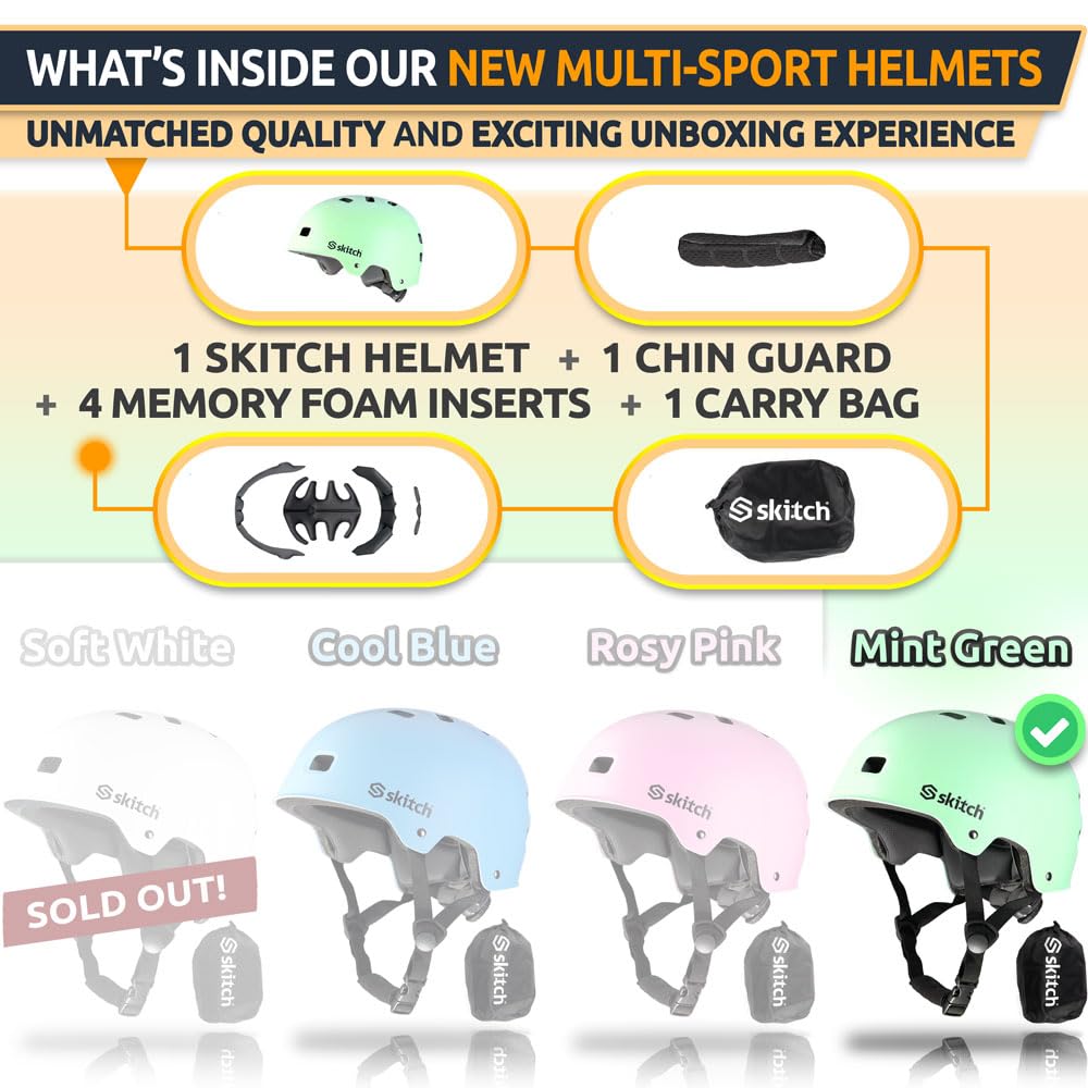 SKITCH Skateboard Helmet for Kids Teens with Premium Memory Foam Padding | Triple Certified Adjustable Protective Sport Head Gear Scooter Roller Skate Inline Skating Rollerblading | Rosy Pink (S)