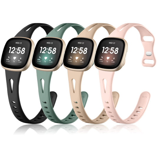 Ouwegaga 4 Pack Slim Band Compatible with Fitbit Versa 3 4 Bands Fitbit Sense 2 Fitbit Sense Bands Women Men, Soft Silicone Thin Narrow Sport Watch Wristband for Fitbit Versa 3 and Sense Smartwatch