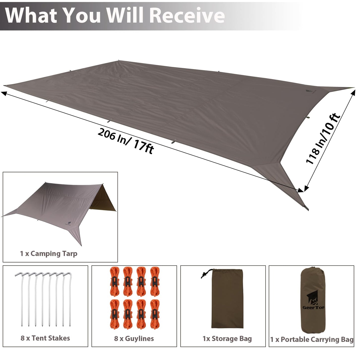 GEERTOP 17 x 10 ft Camping Tarp Lightweight Large Waterproof Hammock Rain Fly Shelter Backpacking Tent Tarp for Outdoor Hiking Bushcraft Survival Travel