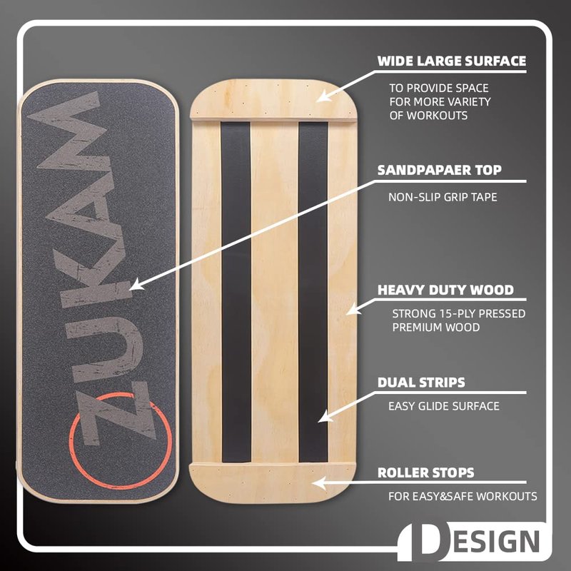 ZUKAM Balance Board Trainer, Wooden Balancing Board with Workout Guide to Exercise and Build Core Stability, Wobble Board for Skateboard, Hockey, Snowboard & Surf Training (Black)