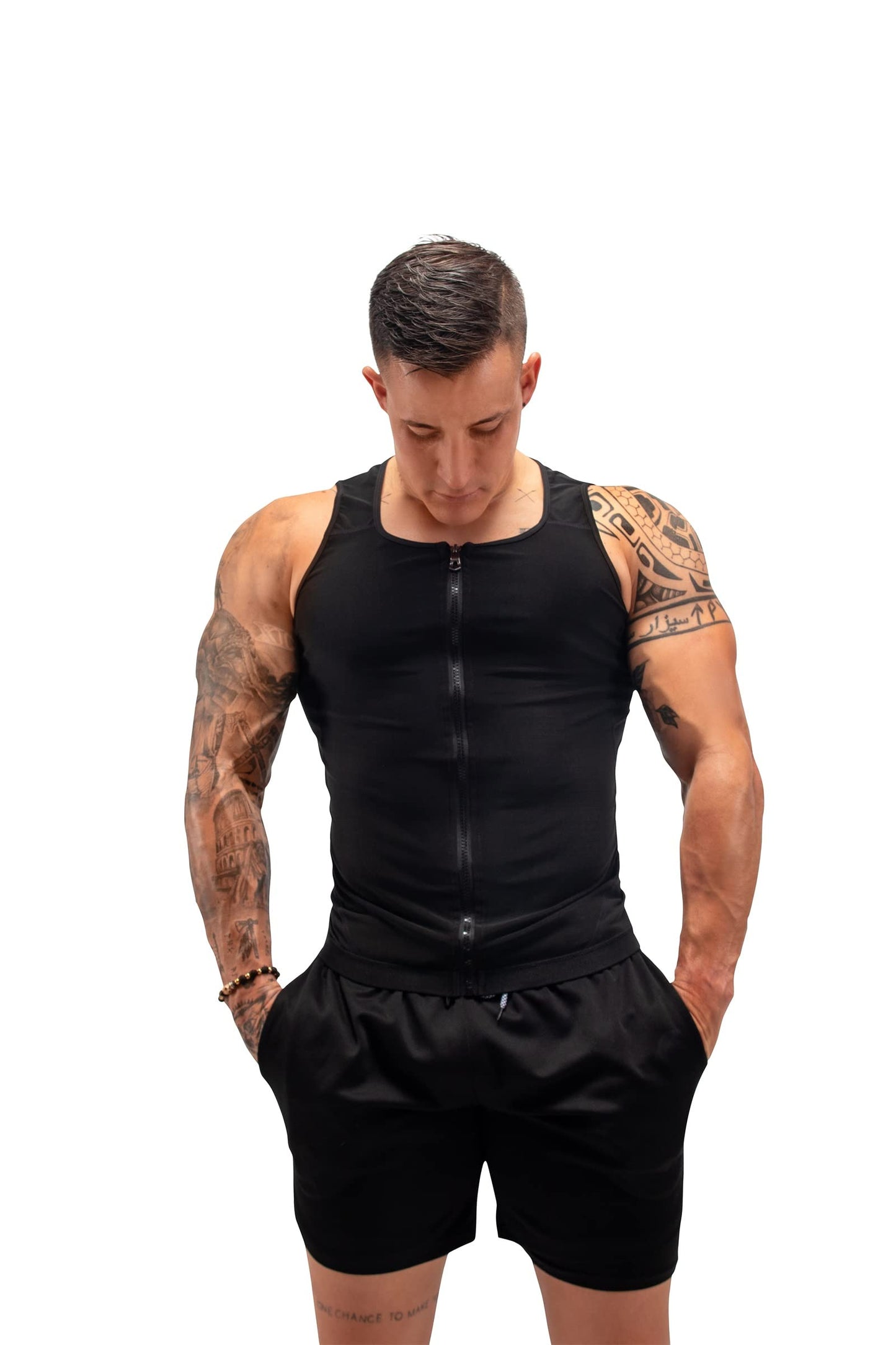 FUXERT Sauna Vest for Men Workout Tank Top for Weight Loss Slimming Compression zipper Tank Top Sweat Enhancing Vest(SOBK L/XL)
