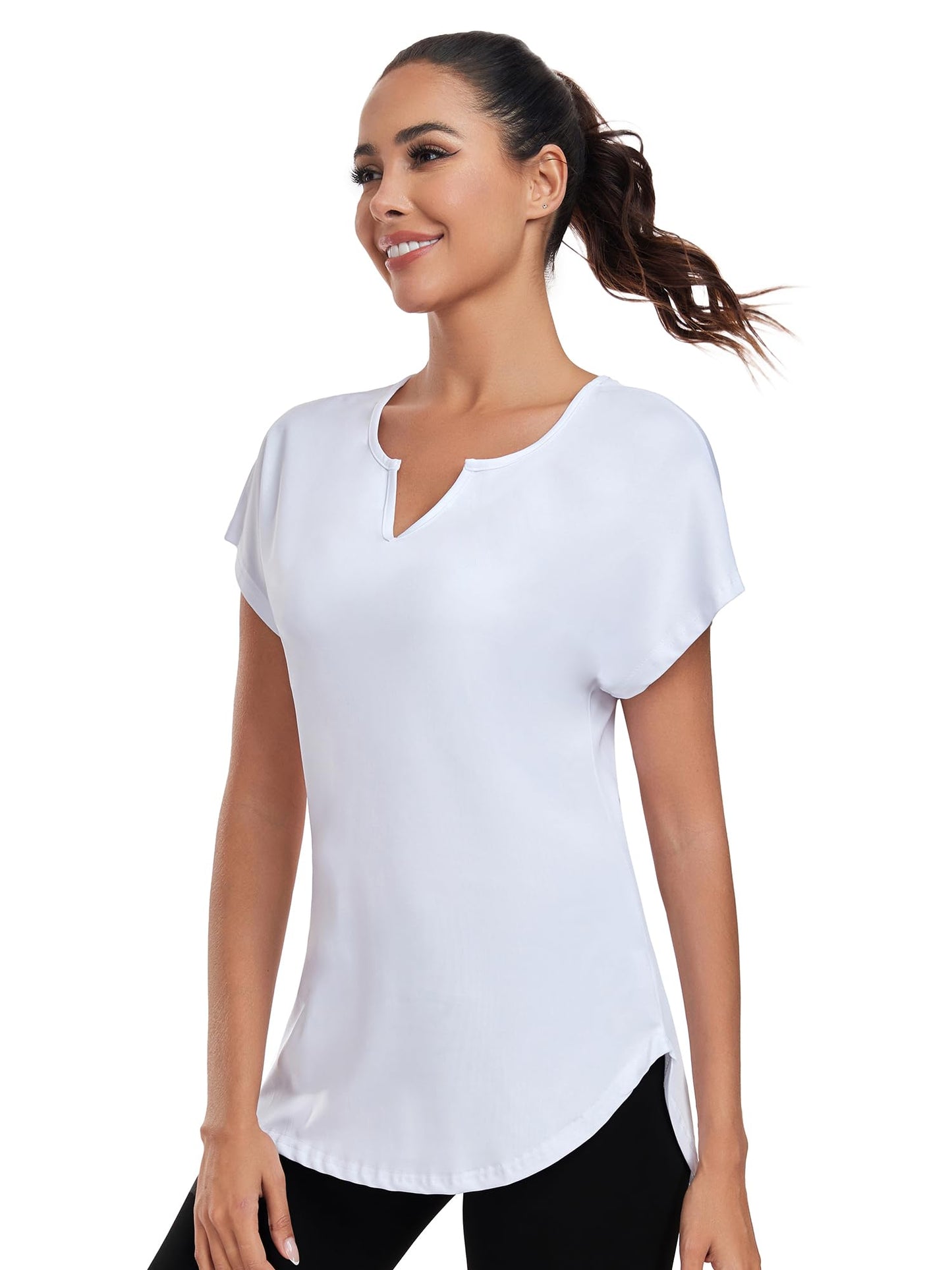 Absttith Tunic Workout Tops Women's Short Sleeve Sportt Shirts V Neck Exercise Yoga Tee Curved Hem White X-Large