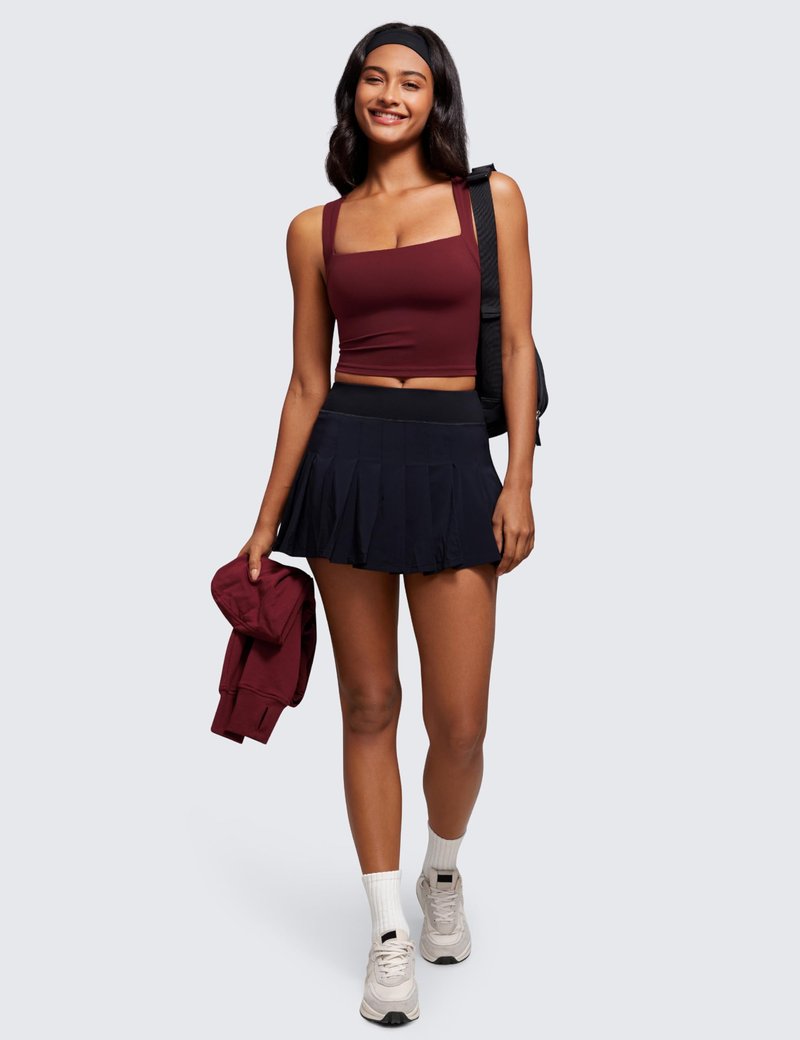 CRZ YOGA Butterluxe Womens Longline Square Neck Sports Bras - Basic Crop Tank Yoga Workout Tops with Built in Pads Red Merlot Medium