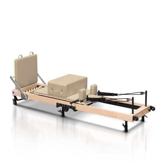 Foverós Pilates Reformer,Wood Foldable Pilates Machine & Equipment with Reformer Accessories, Reformer Box，Jump Board，Foot Strap(Mocha)