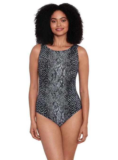 Longitude Women's Plus Swimwear Night Seas Panel Scoopback Highneck One Piece Swimsuit, Black/White, 22
