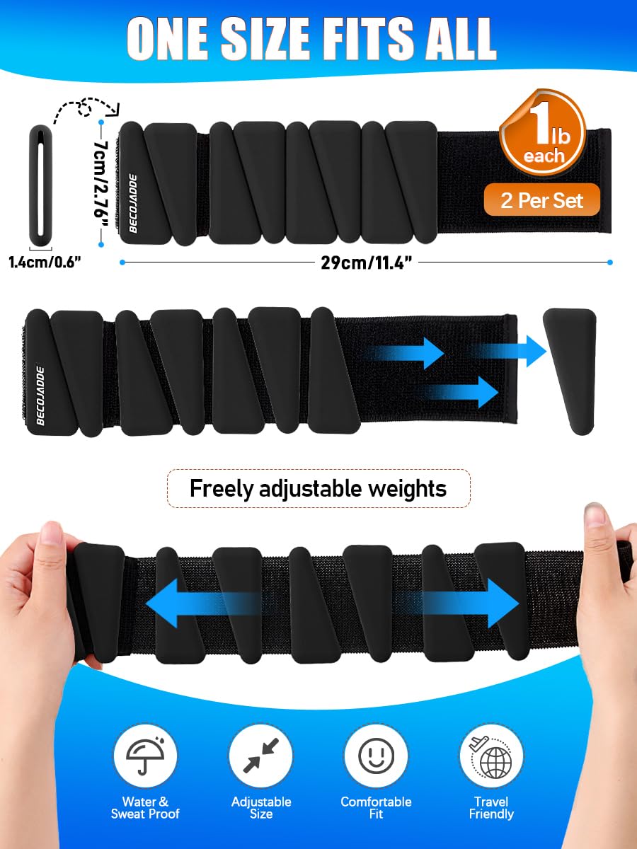 BECOJADDE Wrist Ankle Weights Adjustable Training Intensity for Strength Training Walking Running Yoga Pilates Jogging for Women Men Set of 2 (1lb Each), Black