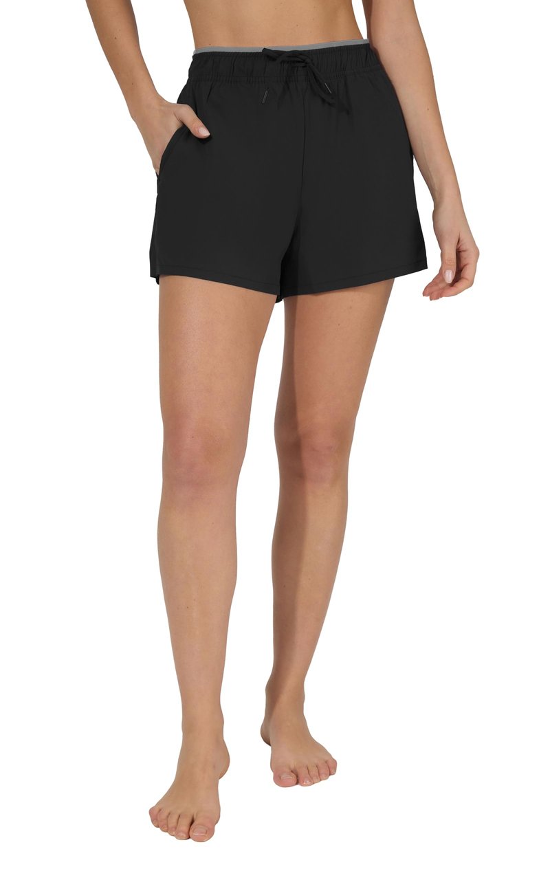 Yogalicious Womens Running Short 3" Athletic 2-in-1 Inner Lining Lightweight Workout Short with Drawstring and Pockets - Black - Medium