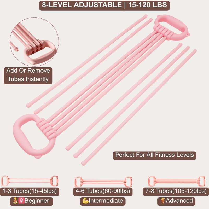 Resistance Bands with Handles - 8 Tube Adjustable Figure 8 Exercise Bands Set for Women & Men, Heavy Duty Workout Bands for Home Gym, Physical Therapy, Strength Training & Full Body Fitness