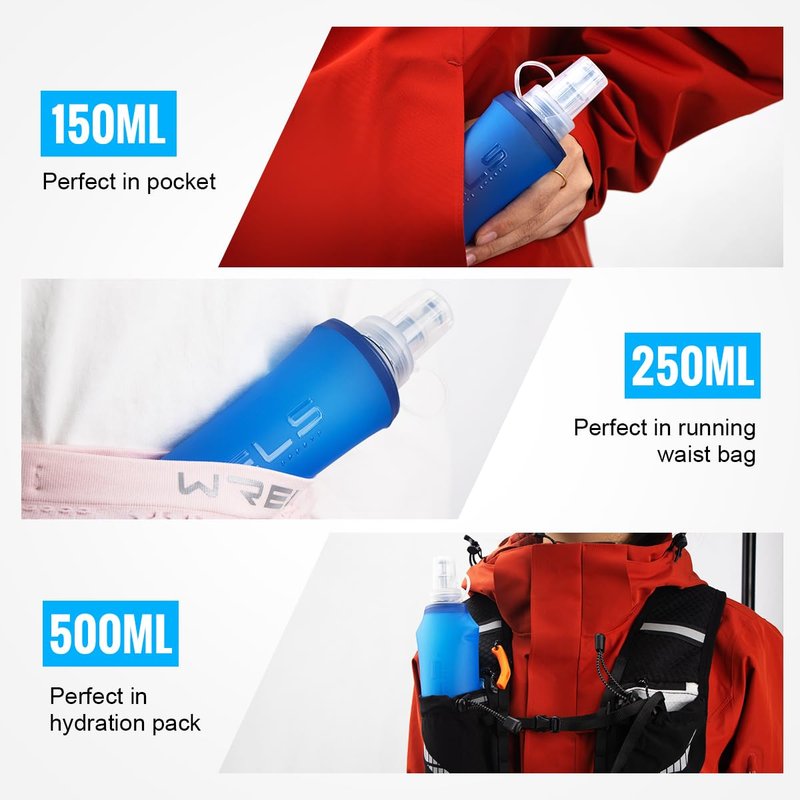 WRELS TPU Collapsible Soft Flask,Lightweight PBA Free Folding Running Water Bottles,Leakproof Durable Hydration Flask for Outdoors (500ml/16.9oz-2 Packs-Light Blue)