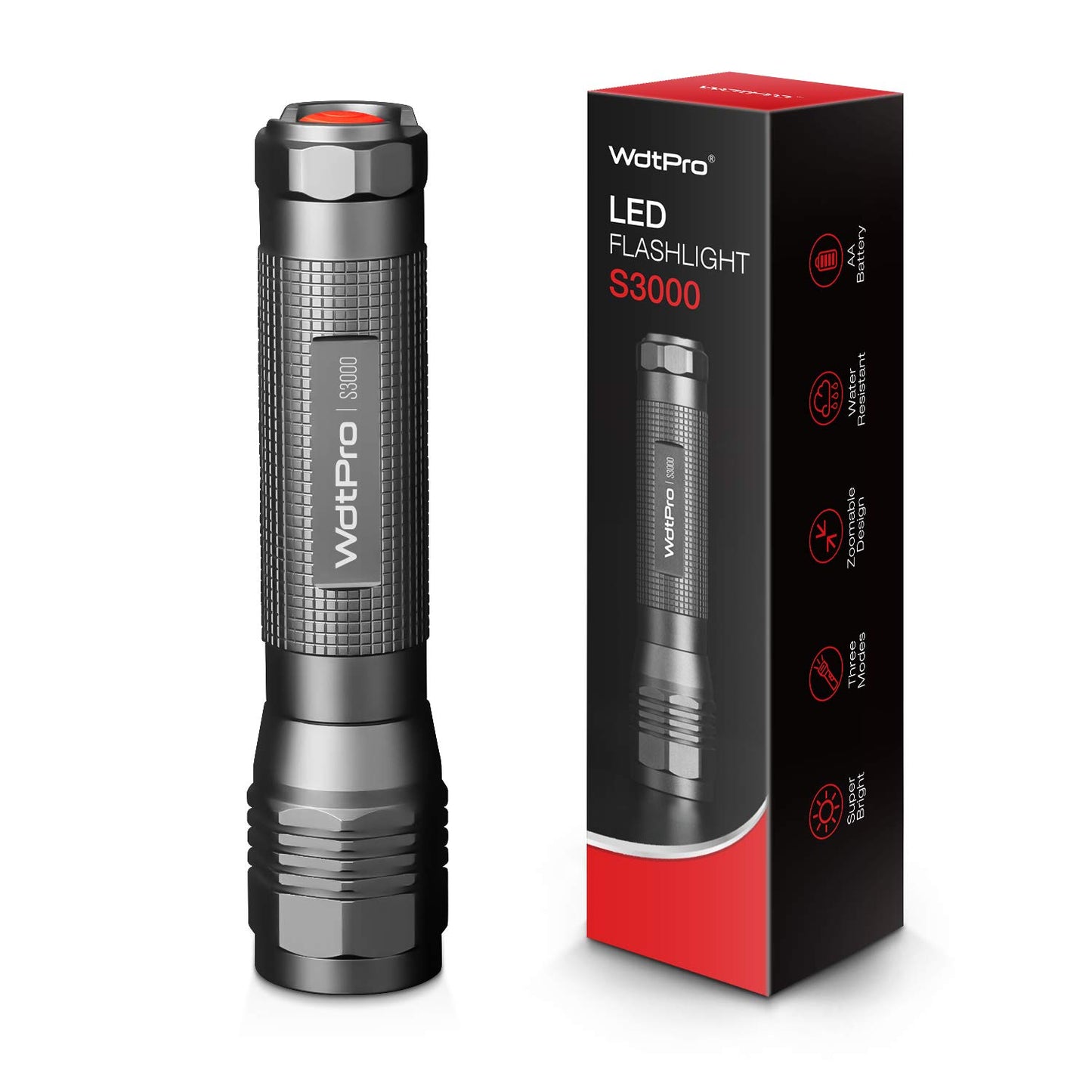 WdtPro High-Powered LED Flashlight S3000, Super Bright Flashlights - High Lumen, IP67 Water Resistant, 3 Modes and Zoomable for Camping, Emergency, Hiking, Gift