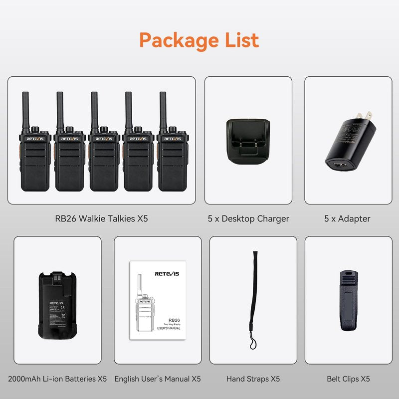 Retevis RB26 Long Range Walkie Talkies, GMRS 2 Way Radios, Rechargeable Two Way Radios, 2000mAh, Durability,Repeater Capable,Security Radio for Security Church Construction School Warehouse(5 Pack)