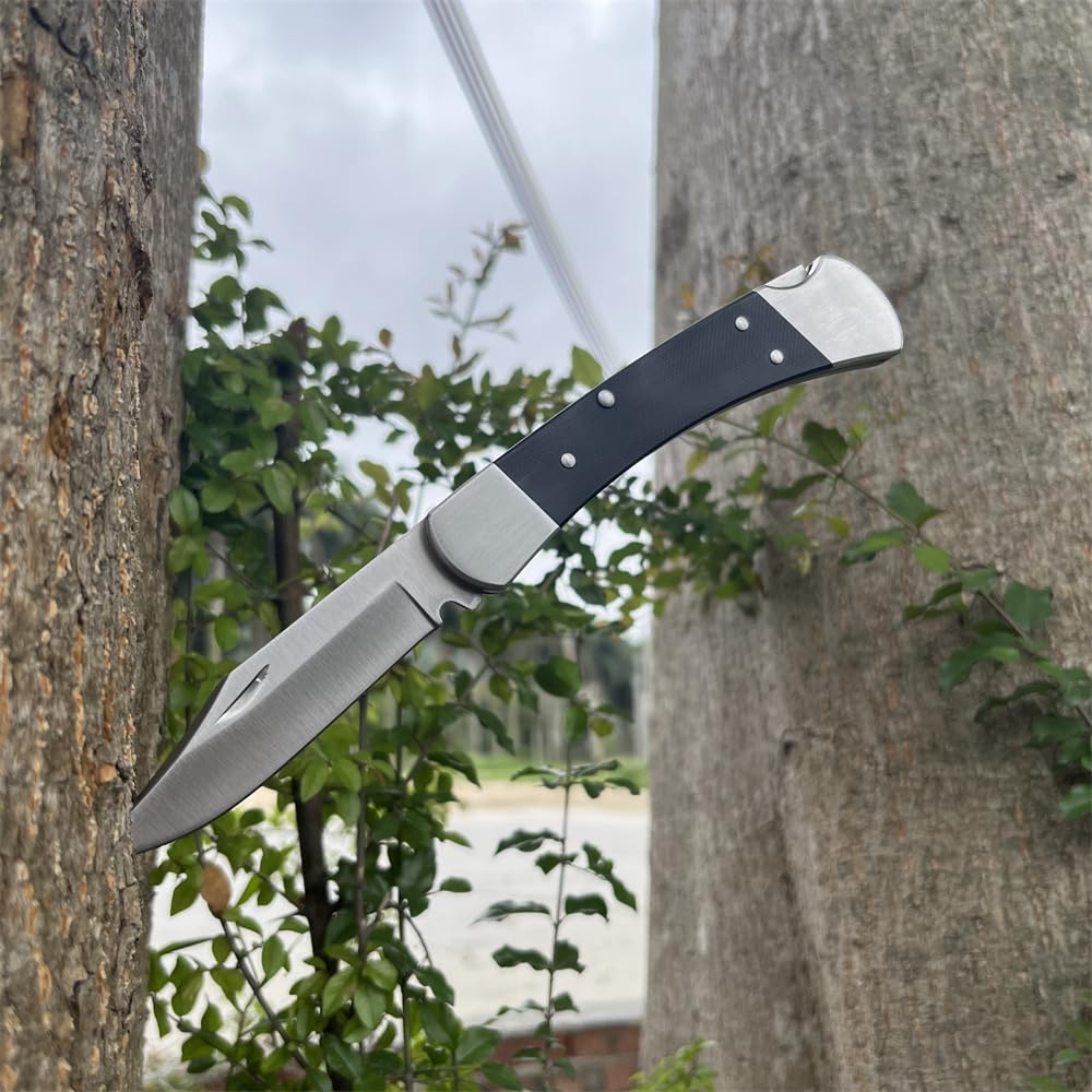 TrailTough 8.54'' Portable Lockback Manual Opening Folding Knife，3.3'' D2 Steel Blade，G10 Handle with Black Leather Sheath，EDC Pocket Knife for Men Women,Sharp Camping Fishing Hiking Knives
