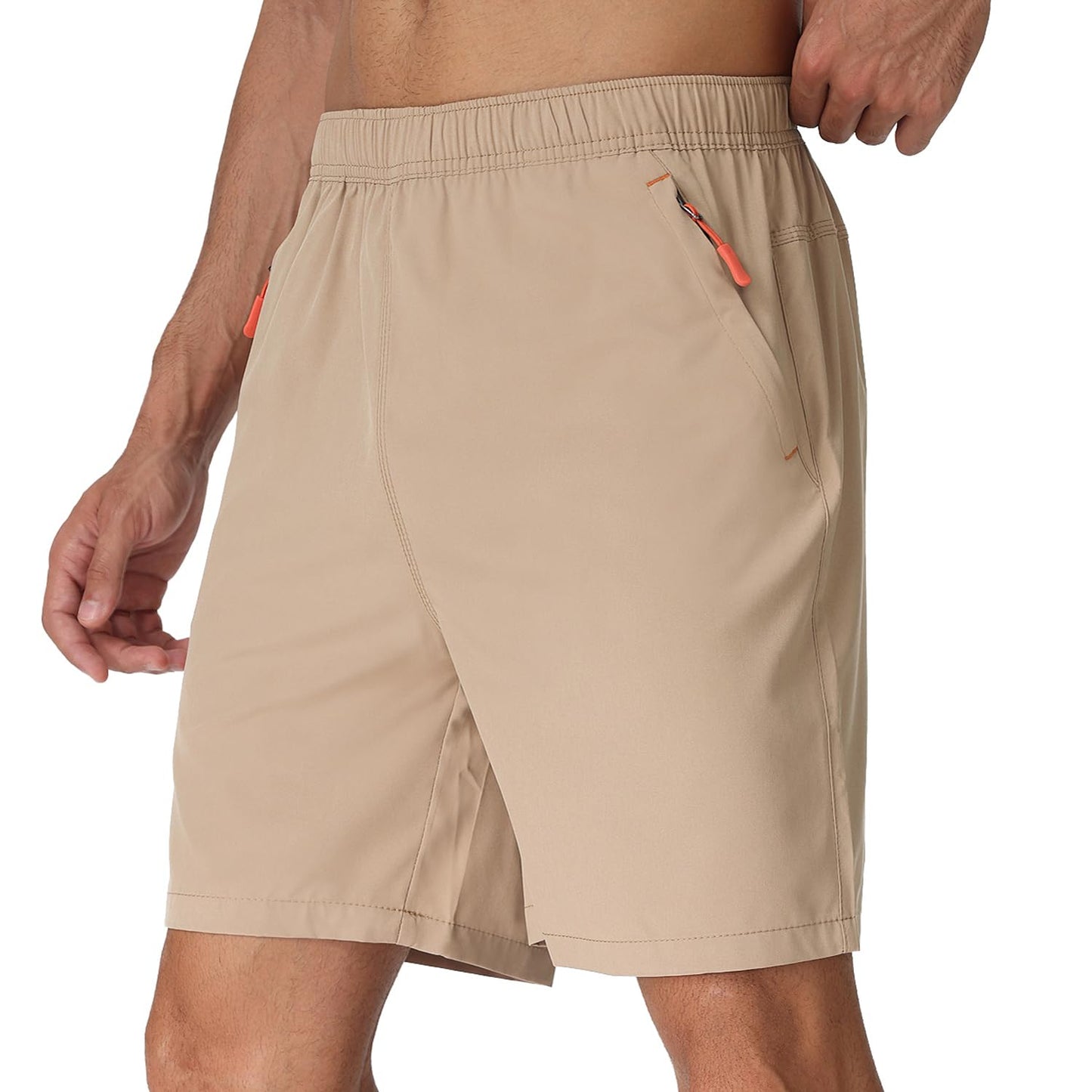 Rapoo Athletic Shorts for Men Gym Workout Shorts 7 Inch Inseam with Zipper Pockets Summer Quick Dry Lightweight Breathable Elastic Waist Sports Running Shorts for Men Khaki XL