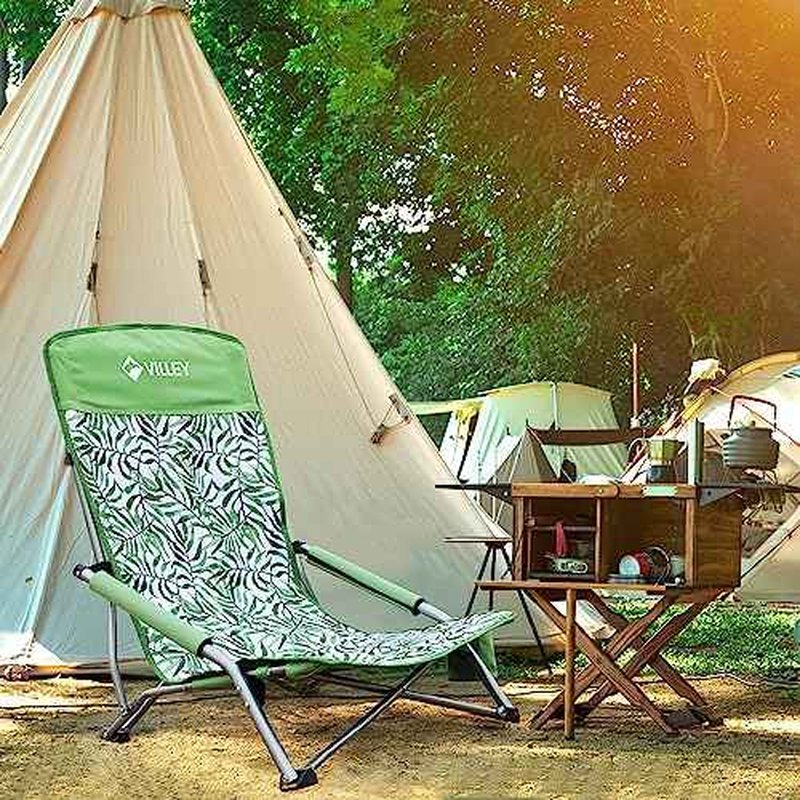VILLEY Low Beach Chairs for Adults 2 Pack, High Back Folding Chairs, Lightweight and Portable for Outdoor, Camping, Lawn, with Cup Holder and Carry Bag - Green Tropical Leaves