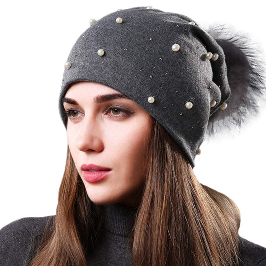 AICHUAN Womens Slouchy Beanie Hat with Fur Ball Pompom Cotton Pearls Winter Fall Hat