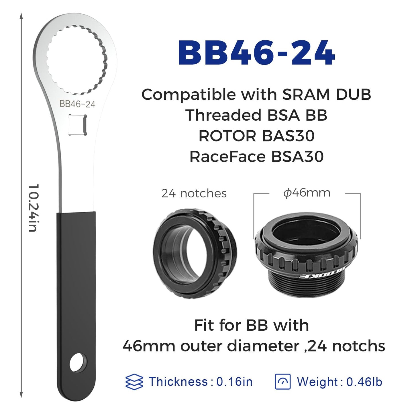 HUBAKO Bike Bottom Bracket Tool for 46 OD 24 Notch, Cr-V Steel + Ni-Cr Plating 1/2” Driver Bicycle Bottom Bracket Bearing Install Removal Tool Compatible with DUB BB46-24/Threaded BSA BB/ROTOR BAS30